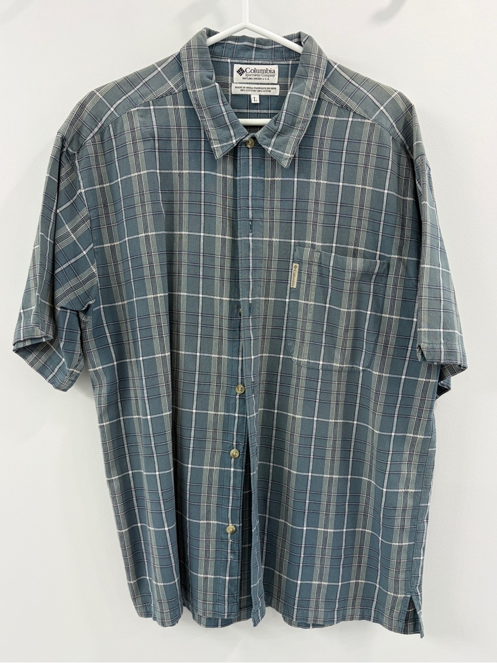 Columbia Men's Plaid Short-Sleeve Button-Up Shirt - LARGE - 100% Cotton